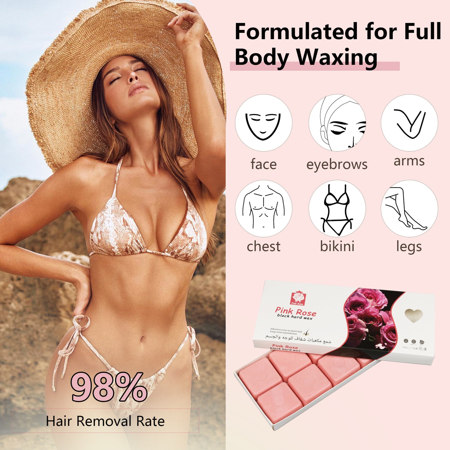 Wax Blocks for Hair Removal Sensitive Skin with Rose Formula, Perfect for Full Body, Facial, Brazilian Bikini, and Legs